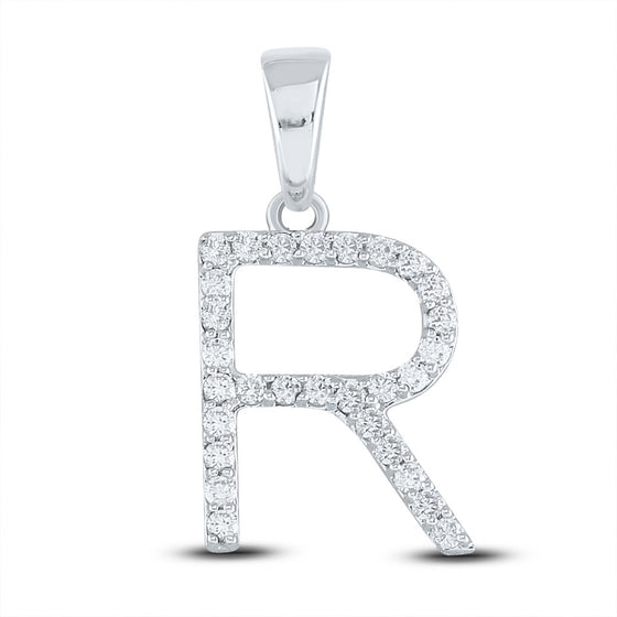 14k White Gold Womens Round Diamond R Initial Letter Pendant 1/5 Cttw