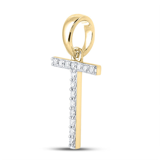 14k Yellow Gold Womens Round Diamond T Initial Letter Pendant 1/8 Cttw