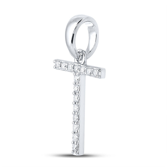 14k White Gold Womens Round Diamond T Initial Letter Pendant 1/8 Cttw