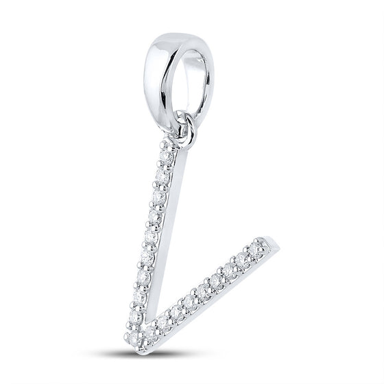 14k White Gold Womens Round Diamond V Initial Letter Pendant 1/8 Cttw