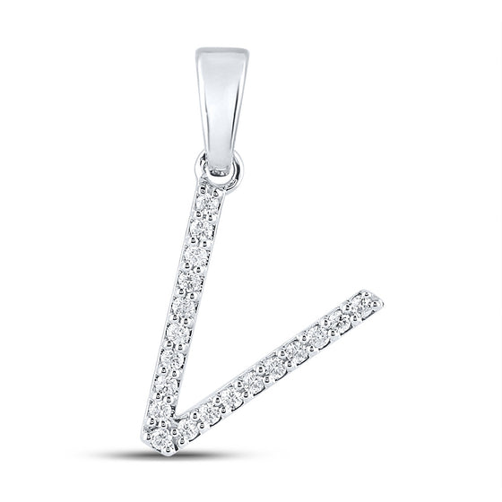 14k White Gold Womens Round Diamond V Initial Letter Pendant 1/8 Cttw