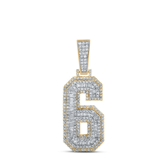 10k Two-tone Gold Mens Baguette Diamond Number 6 Charm Pendant 1-5/8 Cttw