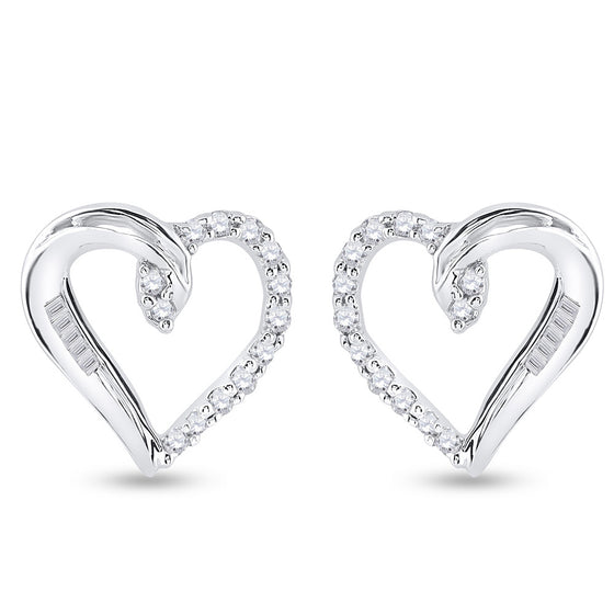 10k White Gold Womens Round Diamond Heart Earrings 1/6 Cttw