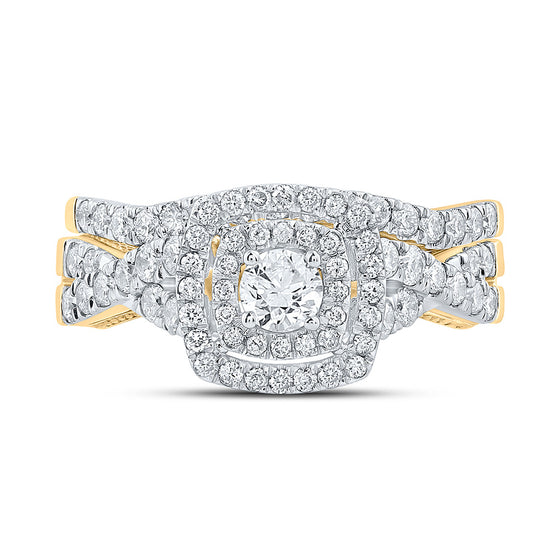 14k Yellow Gold Round Diamond Halo Bridal Wedding Ring Band Set 1 Cttw