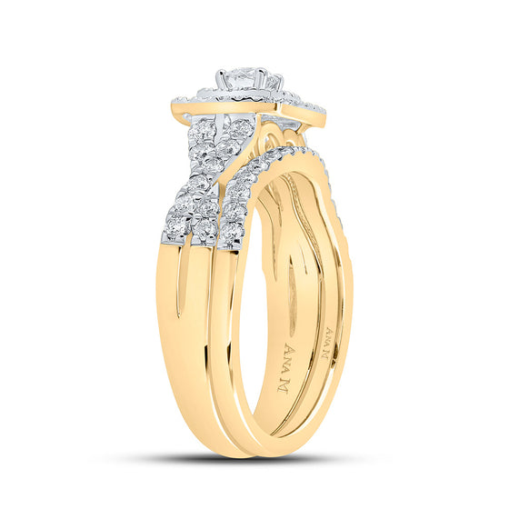14k Yellow Gold Round Diamond Halo Bridal Wedding Ring Band Set 1 Cttw