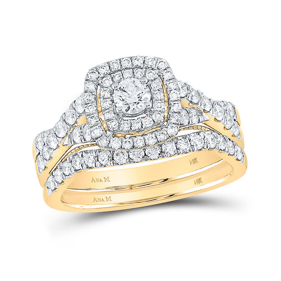 14k Yellow Gold Round Diamond Halo Bridal Wedding Ring Band Set 1 Cttw