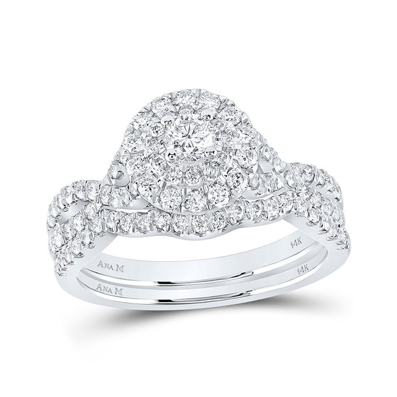 14k White Gold Round Diamond Halo Bridal Wedding Ring Band Set 1 Cttw