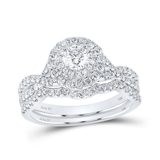 14k White Gold Round Diamond Halo Bridal Wedding Ring Band Set 1 Cttw