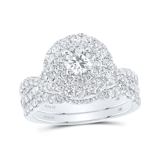 14k White Gold Round Diamond Halo Bridal Wedding Ring Band Set 1-1/2 Cttw
