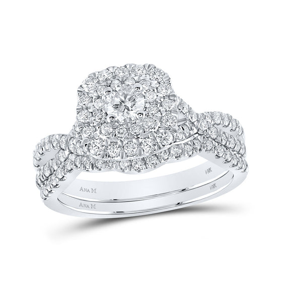 14k White Gold Round Diamond Halo Bridal Wedding Ring Band Set 1 Cttw