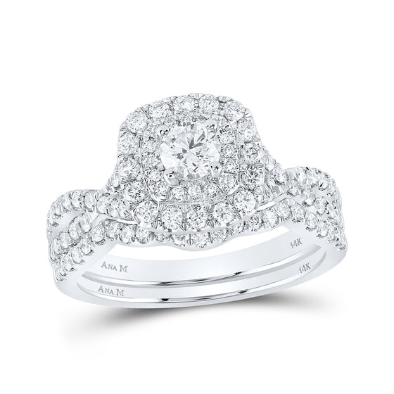 14k White Gold Round Diamond Halo Bridal Wedding Ring Band Set 1 Cttw