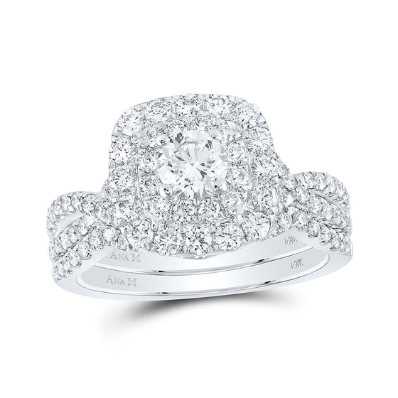 14k White Gold Round Diamond Halo Bridal Wedding Ring Band Set 1-1/2 Cttw