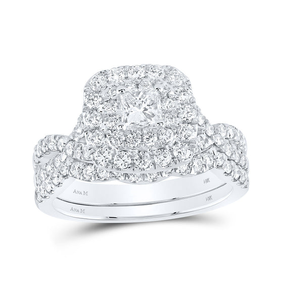 14k White Gold Princess Diamond Halo Bridal Wedding Ring Band Set 1-1/2 Cttw