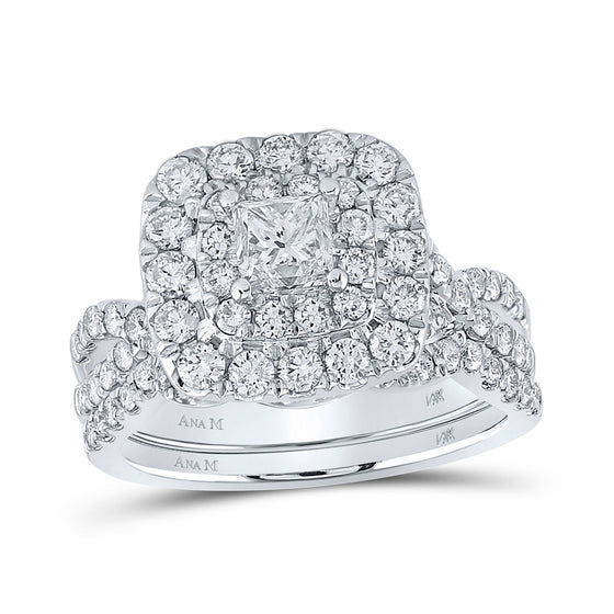 14k White Gold Princess Diamond Halo Bridal Wedding Ring Band Set 2 Cttw