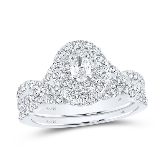 14k White Gold Oval Diamond Halo Bridal Wedding Ring Band Set 1 Cttw