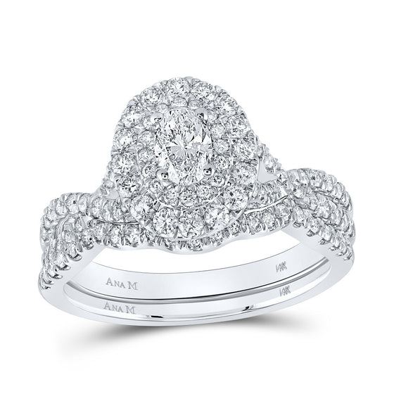 14k White Gold Oval Diamond Halo Bridal Wedding Ring Band Set 1 Cttw