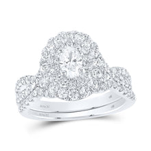  14k White Gold Oval Diamond Halo Bridal Wedding Ring Band Set 1-1/2 Cttw