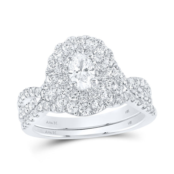14k White Gold Oval Diamond Halo Bridal Wedding Ring Band Set 1-1/2 Cttw