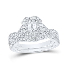  14k White Gold Emerald Diamond Halo Bridal Wedding Ring Band Set 1 Cttw