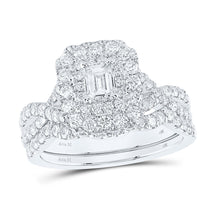  14k White Gold Emerald Diamond Halo Bridal Wedding Ring Band Set 1-1/2 Cttw
