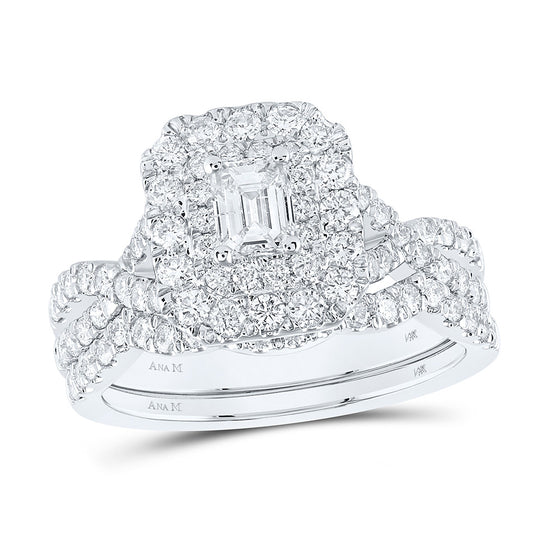 14k White Gold Emerald Diamond Halo Bridal Wedding Ring Band Set 1-1/2 Cttw