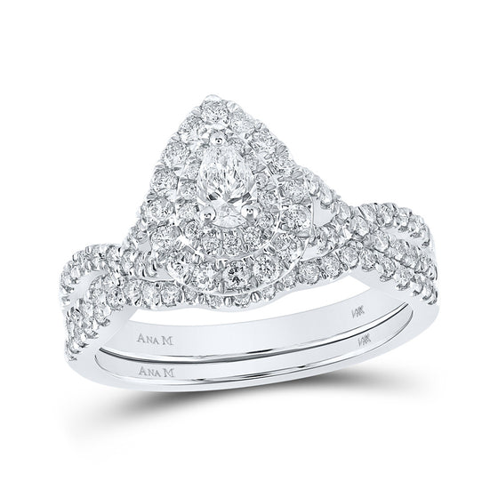 14k White Gold Pear Diamond Halo Bridal Wedding Ring Band Set 1 Cttw