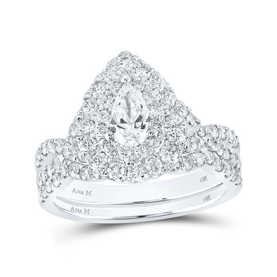 14k White Gold Pear Diamond Halo Bridal Wedding Ring Band Set 1-1/2 Cttw