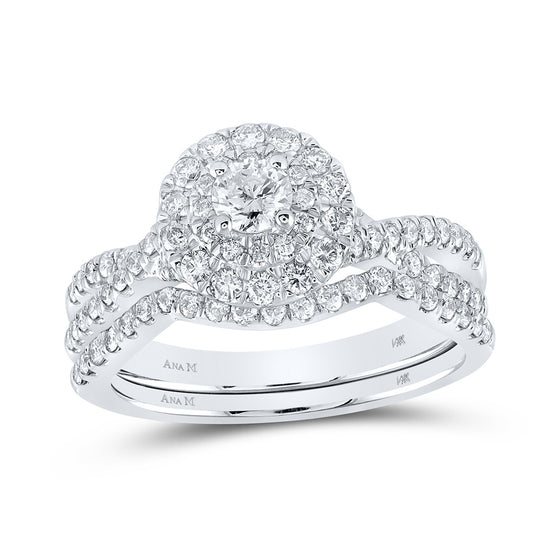 14k White Gold Round Diamond Halo Bridal Wedding Ring Band Set 1 Cttw