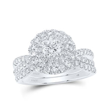  14k White Gold Round Diamond Halo Bridal Wedding Ring Band Set 1-1/2 Cttw