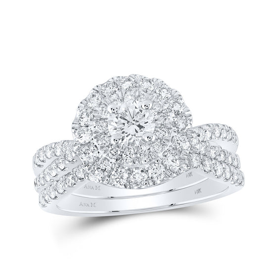 14k White Gold Round Diamond Halo Bridal Wedding Ring Band Set 1-1/2 Cttw