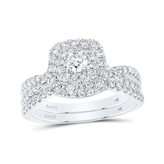 14k White Gold Round Diamond Halo Bridal Wedding Ring Band Set 1 Cttw