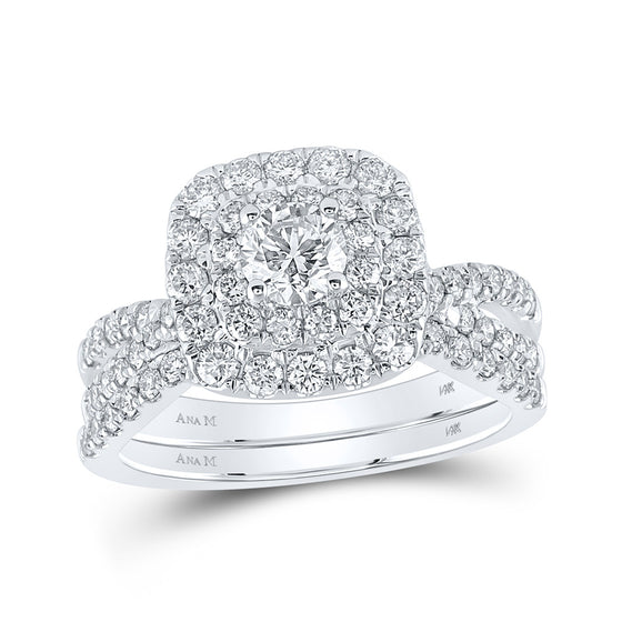 14k White Gold Round Diamond Halo Bridal Wedding Ring Band Set 1-1/2 Cttw