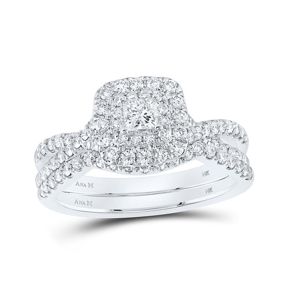14k White Gold Round Diamond Halo Bridal Wedding Ring Band Set 1 Cttw