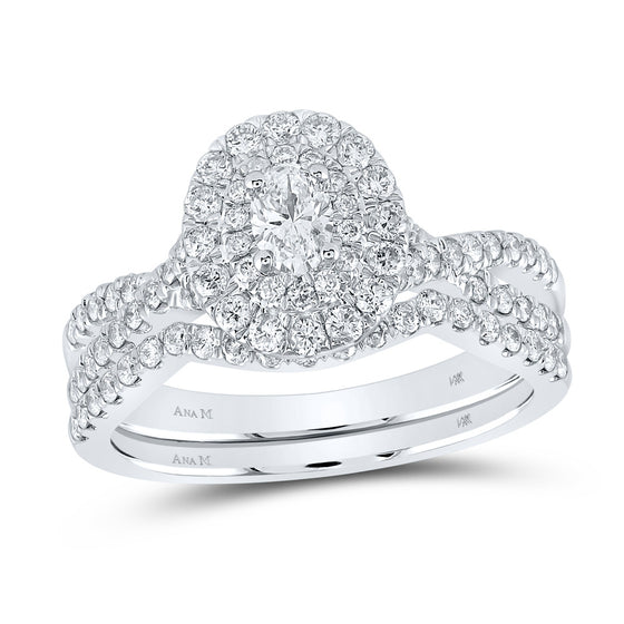14k White Gold Oval Diamond Halo Bridal Wedding Ring Band Set 1 Cttw