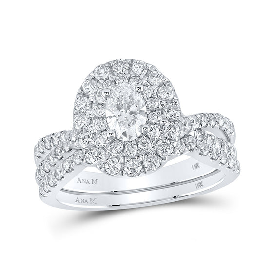 14k White Gold Oval Diamond Halo Bridal Wedding Ring Band Set 1-1/2 Cttw