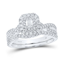  14k White Gold Emerald Diamond Halo Bridal Wedding Ring Band Set 1 Cttw