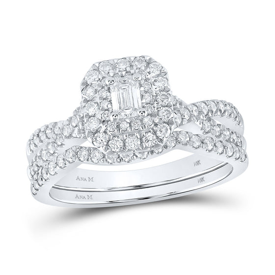 14k White Gold Emerald Diamond Halo Bridal Wedding Ring Band Set 1 Cttw