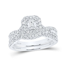  14k White Gold Emerald Diamond Halo Bridal Wedding Ring Band Set 1 Cttw