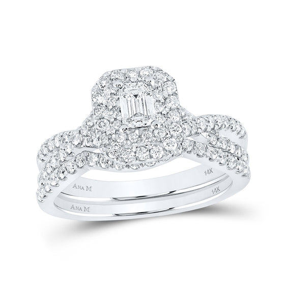 14k White Gold Emerald Diamond Halo Bridal Wedding Ring Band Set 1 Cttw