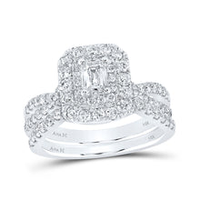  14k White Gold Emerald Diamond Halo Bridal Wedding Ring Band Set 1-1/2 Cttw