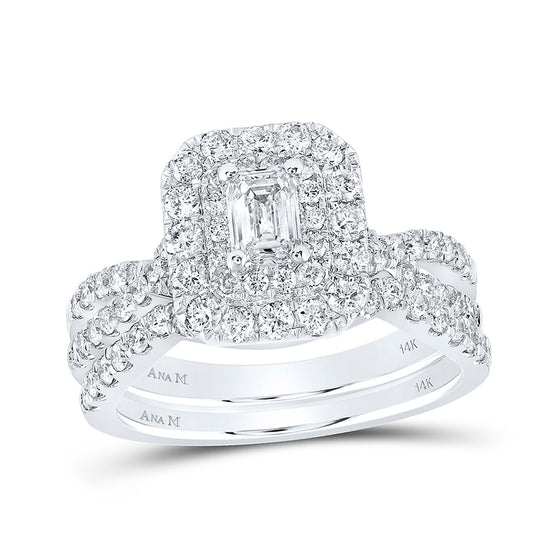 14k White Gold Emerald Diamond Halo Bridal Wedding Ring Band Set 1-1/2 Cttw