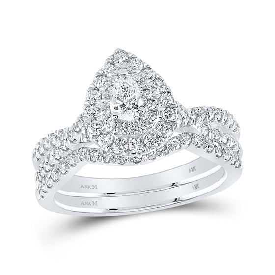 14k White Gold Pear Diamond Halo Bridal Wedding Ring Band Set 1 Cttw