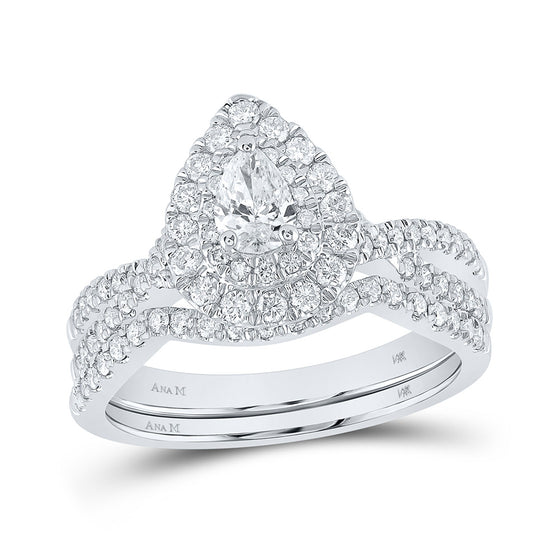 14k White Gold Pear Diamond Halo Bridal Wedding Ring Band Set 1 Cttw