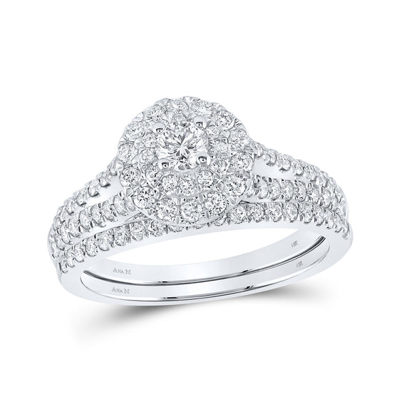 14k White Gold Round Diamond Halo Bridal Wedding Ring Band Set 1 Cttw