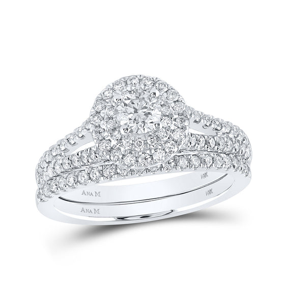 14k White Gold Round Diamond Halo Bridal Wedding Ring Band Set 1 Cttw