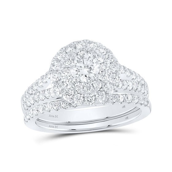14k White Gold Round Diamond Halo Bridal Wedding Ring Band Set 1-1/2 Cttw