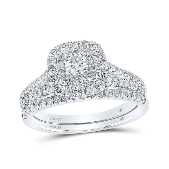 14k White Gold Round Diamond Halo Bridal Wedding Ring Band Set 1 Cttw