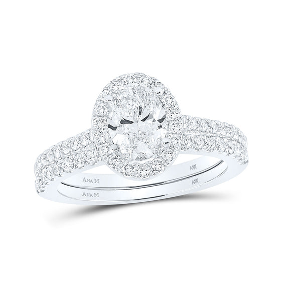 14k White Gold Oval Diamond Halo Bridal Wedding Ring Band Set 1-1/2 Cttw