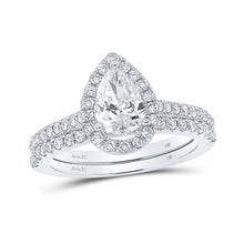  14k White Gold Pear Diamond Halo Bridal Wedding Ring Band Set 1-1/2 Cttw