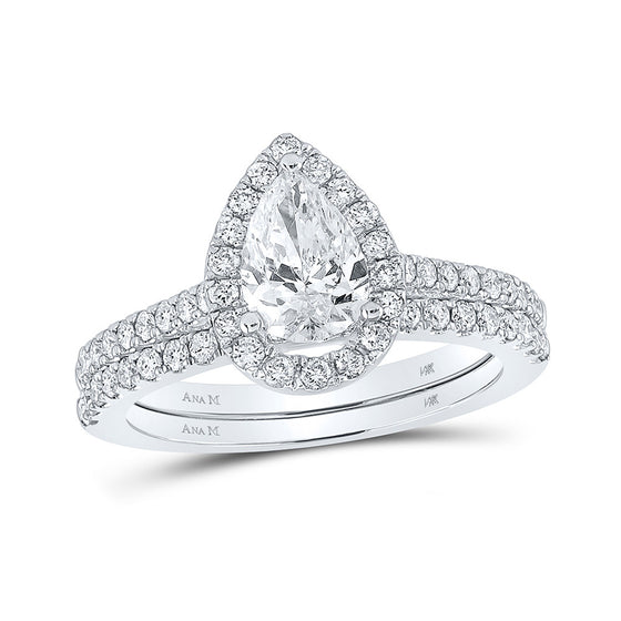 14k White Gold Pear Diamond Halo Bridal Wedding Ring Band Set 1-1/2 Cttw